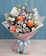 Букет цветов из:  Лизиантусы, Розы, Альстромерии и Гипсофила в Базарный Карабулак