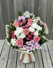 Букет цветов из:  Альстромерии, Гвоздики, Розы и Хризантемы в Базарный Карабулак